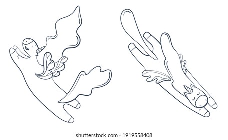 
Vector illustration with one color stroke, 2 unicorns in flight on an isolated background.
