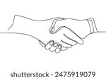 vector illustration of one continuous line of handshake, A pair of hands in a linear drawing. Continuous linear drawing of hands. Continuous line of two businessmen shaking hands vector illustration,
