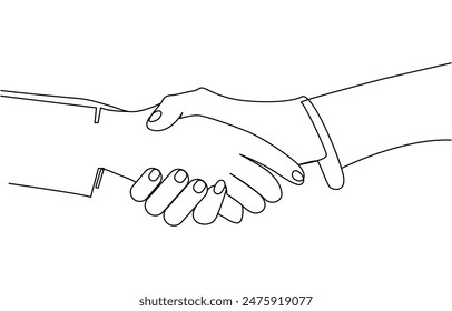 vector illustration of one continuous line of handshake, A pair of hands in a linear drawing. Continuous linear drawing of hands. Continuous line of two businessmen shaking hands vector illustration,
