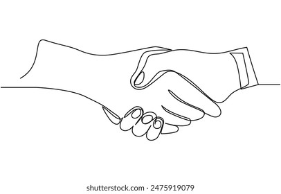 vector illustration of one continuous line of handshake, A pair of hands in a linear drawing. Continuous linear drawing of hands. Continuous line of two businessmen shaking hands vector illustration,
