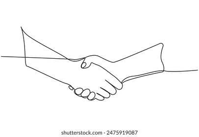 Vektorillustration einer durchgehenden Handshake-Zeile, Ein Handpaar in einer Linearzeichnung. Kontinuierliches lineares Zeichnen von Händen. Durchgehende Reihe von zwei Geschäftsleuten, die Hände schütteln Vektorillustration,
