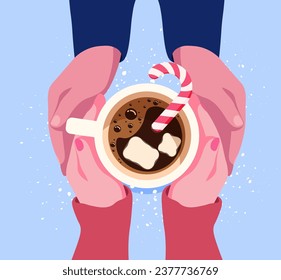 Vector illustration of one couple drinking a cup of coffee with marshmallows and candy cane, top view on a table in a cafe. Couple in love in winter. Warm time of New Year and Christmas. Hot drink.