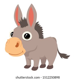 Vector illustration of one cute cartoon donkey with big head and child eyes. Isolated on white background.