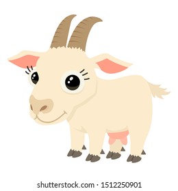Vector illustration of one cute cartoon goat with big head and child eyes. Isolated on white background.