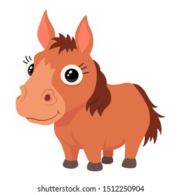 Vector illustration of one cute cartoon horse with big head and child eyes. Isolated on white background.