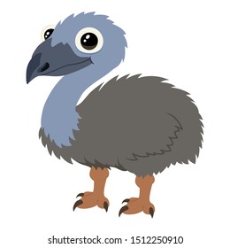 Vector illustration of one cute cartoon emu with big head and child eyes. Isolated on white background.