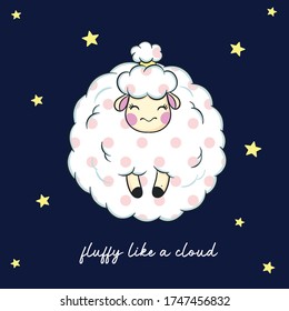 Vector illustration of one cute white polka dot sheep with closed eyes, cartoon card with lettering fluffy like a cloud, good night, lovely little lamb with beautiful hairstyle, happy face