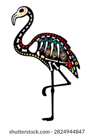 Vector illustration of one decorated flamingo with skeletal motifs, colorful folk patterns and ornamental details. Day of the Dead, Dia de los muertos, animal skull and skeleton decorated with Mexican elements and flowers. 