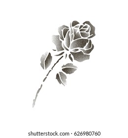 Vector illustration with one dotted rose flower and leaves in black isolated on white. Floral elements in dotwork style.Graphic sketch for tattoo, poster, clothes, t-shirt design, coloring book.