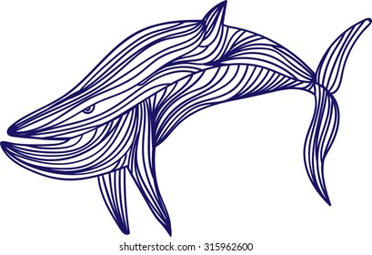 Vector illustration of one drawn from many blue lines wild swimming ocean predator animal of shark with tail and fins on white background