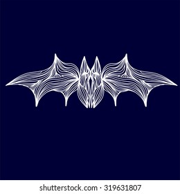 Vector illustration of one drawn from many white lines halloween holiday symbol animal of flying bat on dark blue background
