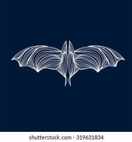 Vector illustration of one drawn from many white lines halloween holiday symbol animal of flying bat on dark blue background