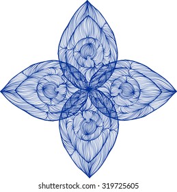 Vector illustration of one drawn from many blue lines abstract patterned symmetric flower with four petals on white background