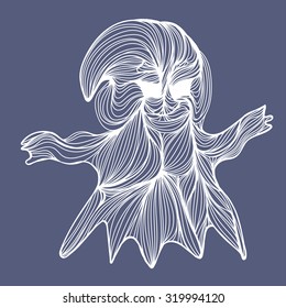 Vector illustration of one drawn from many white lines halloween holiday symbol of ghost on grey background
