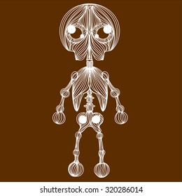 Vector illustration of one drawn from many white lines halloween holiday or pirate symbol of skeleton on brown background