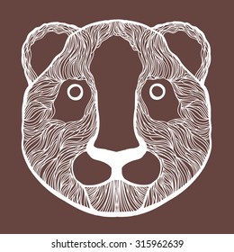 Vector illustration of one drawn from white lines wild predator animal of bear face with cute eyes and ears on brown background