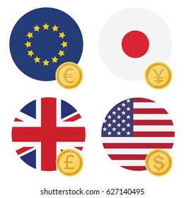 Vector illustration one euro, dollar, pound and yen currency symbol on EU, UK, USA and Japan flag. 