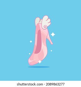 Vector illustration of one glass slipper, shoes with mini wings on it. Isolated on a blue background