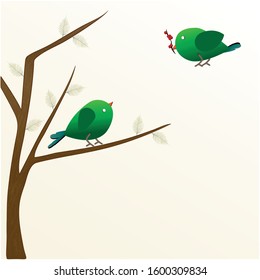 Vector illustration of one green bird sitting on a tree with dry leaves looking at another green bird flying with a berry branch on a cream gradient background