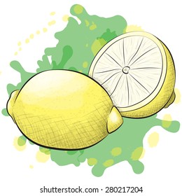 A vector illustration of one and a half lemons in an ink and watercolor style on a splattered background.