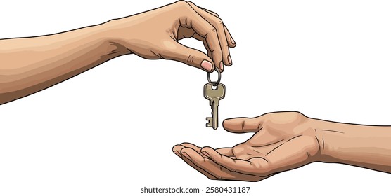 Vector illustration of one hand giving key to another, transaction concept, isolated on white background	