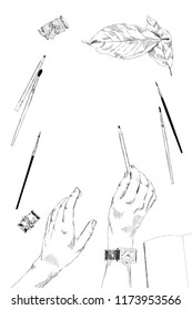 Vector illustration. One hand holding a pencil. Ribbons, leaves, brushes around. On isolated white bacground. Place for text. Education concept. Top view