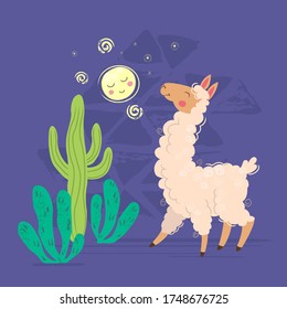 Vector illustration of one happy llama standing in the night desert, on dry earth with green cactuses. 