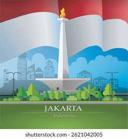 Ilustração vetorial, um dos ícones da cidade de Jacarta, Monas ou o Monumento Nacional.
