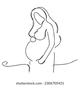 Ilustración vectorial. Una línea de arte. Pregnant Girl está sosteniendo su vientre.