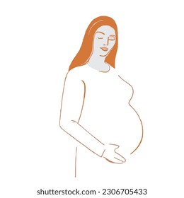 Vector illustration. One line art. Pregnant Girl is holding her belly.