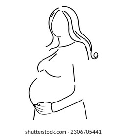 Vector illustration. One line art. Pregnant Girl is holding her belly.