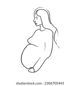 Vector illustration. One line art. Pregnant Girl is holding her belly.