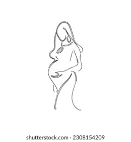 Vektorgrafik. Eine einzige Kunst. Eine schwangere Frau hält ihren Bauch.