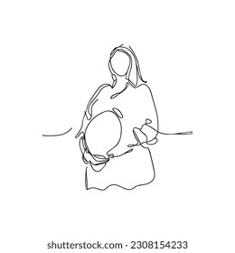 Vector illustration. One line art. A pregnant woman is holding her belly.