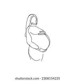 Vector illustration. One line art. A pregnant woman is holding her belly.