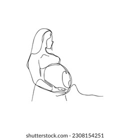 Vector illustration. One line art. A pregnant woman is holding her belly.