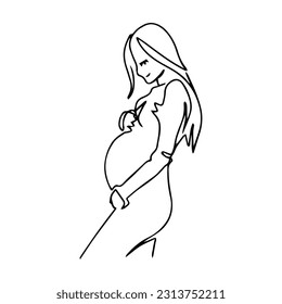 Vector illustration. One line drawing. A pregnant woman is holding her belly and smiling.