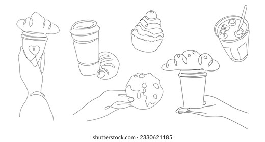 Vector illustration. One line drawing, hand with croissant, coffee with croissant, elements for design, set of elements.