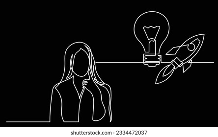 vector illustration of one line drawing of person thinking about new ideas creativity finding solutions as life problems and economy recession concept black background