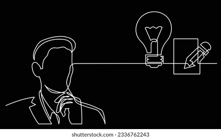ilustración vectorial de un dibujo de la persona pensando en nuevas ideas creatividad encontrar soluciones como problemas de vida y concepto de recesión económica fondo negro