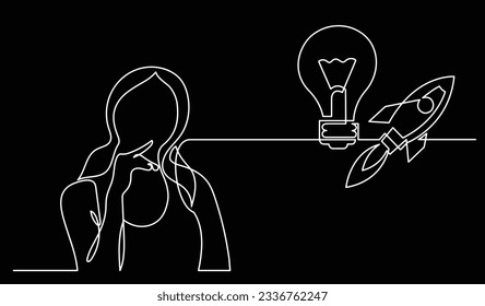 vector illustration of one line drawing of person thinking about new ideas creativity finding solutions as life problems and economy recession concept black background