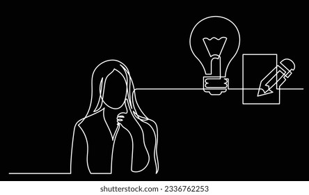 vector illustration of one line drawing of person thinking about new ideas creativity finding solutions as life problems and economy recession concept black background