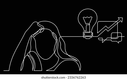 vector illustration of one line drawing of person thinking about new ideas creativity finding solutions as life problems and economy recession concept black background