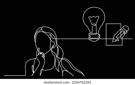 vector illustration of one line drawing of person thinking about new ideas creativity finding solutions as life problems and economy recession concept black background