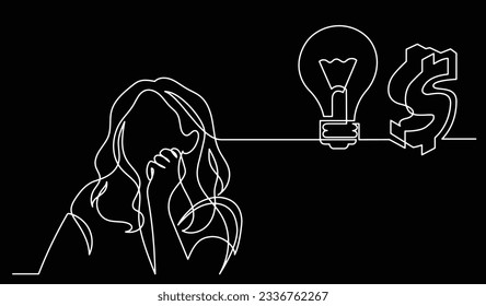 ilustración vectorial de un dibujo de la persona pensando en nuevas ideas creatividad encontrar soluciones como problemas de vida y concepto de recesión económica fondo negro