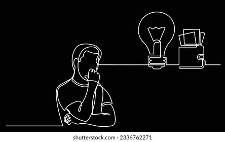 vector illustration of one line drawing of person thinking about new ideas creativity finding solutions as life problems and economy recession concept black background