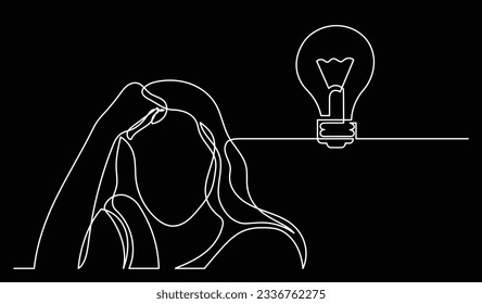 vector illustration of one line drawing of person thinking about new ideas creativity finding solutions as life problems and economy recession concept black background