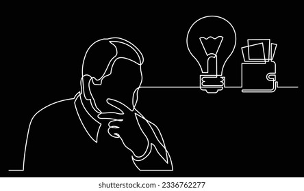 vector illustration of one line drawing of person thinking about new ideas creativity finding solutions as life problems and economy recession concept black background