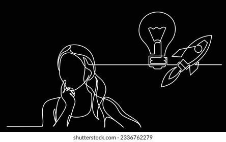 vector illustration of one line drawing of person thinking about new ideas creativity finding solutions as life problems and economy recession concept black background