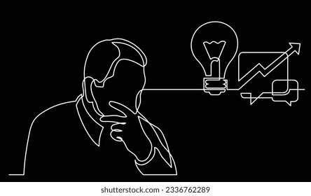 ilustración vectorial de un dibujo de la persona pensando en nuevas ideas creatividad encontrar soluciones como problemas de vida y concepto de recesión económica fondo negro